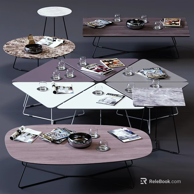 Modern Coffee Tables Design With Round Square Tops Wooden Marble Surfaces And Magazines Glasses Ashtray 3d model 