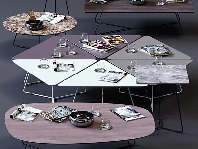 Modern Coffee Tables Design With Round Square Tops Wooden Marble Surfaces And Magazines Glasses Ashtray 3d model