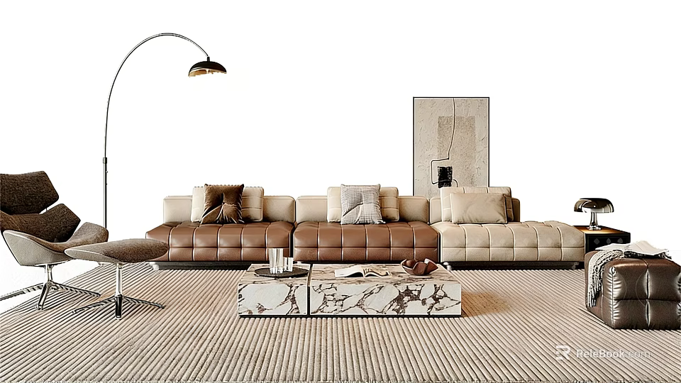 Modern Sectional Sofa Set With Brown Beige Upholstery Pillows Floor Lamp And Coffee Table 3d model 