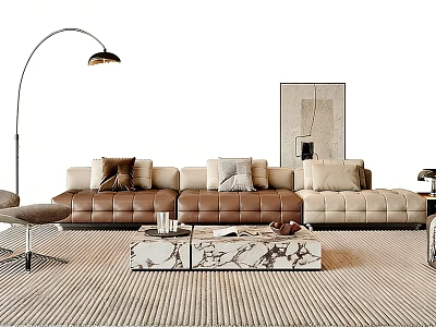 Modern Sectional Sofa Set With Brown Beige Upholstery Pillows Floor Lamp And Coffee Table 3d model