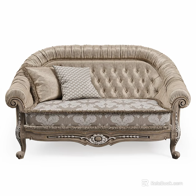 Classic Two Seater Sofa With Pleated Back Tufted Design Two Cushions And Carved Wooden Armrests 3d model 