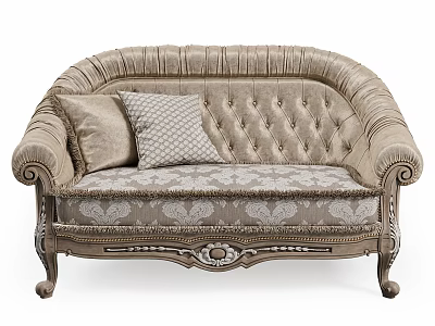 Classic Two Seater Sofa With Pleated Back Tufted Design Two Cushions And Carved Wooden Armrests 3d model