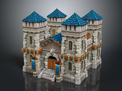 Cartoon Style Castle Model With Blue Spires Stone Towers Porch Steps And Blue Banners 3d model