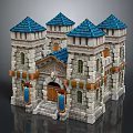 Cartoon Style Castle Model With Blue Spires Stone Towers Porch Steps And Blue Banners