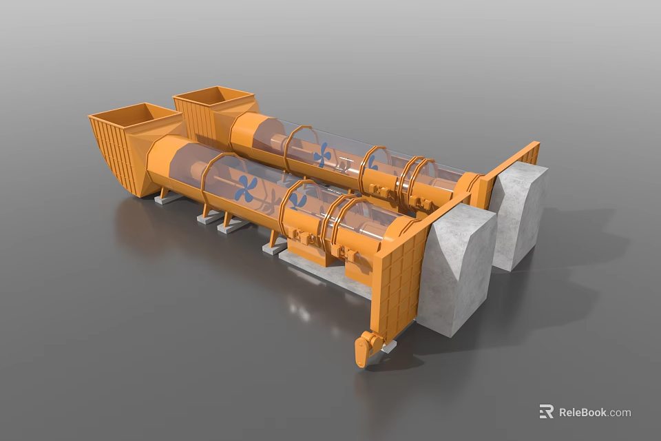 Industrial Plant Machinery With Orange Rotating Drums Transparent Covers And Gray Bases 3d model 