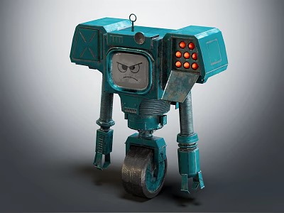 Teal Mechanical Robot Character With Angry Screen Face And Wheel Base Legs 3d model