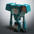 Teal Mechanical Robot Character With Angry Screen Face And Wheel Base Legs 3d model