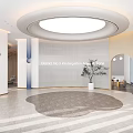 School Reading Area With Bookshelves Circular Ceiling White Pillars Stepped Seating And Green Plants