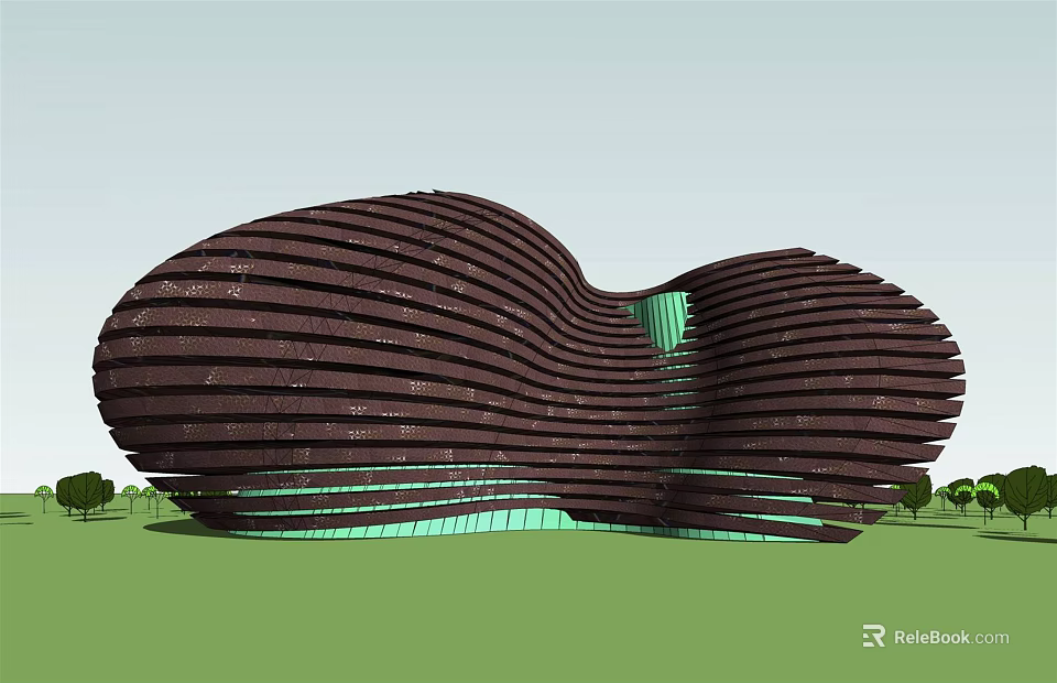 Innovative Museum Building With Wavy Dark Exterior And Green Glass Elements 3d model 