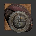 Man's Detailed Sculpted Bust Wearing Medieval Helmet With Chainmail On Wooden Base