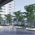 Contemporary Commercial Landscape With Glass Facade Architecture Outdoor Trees Walkway And Pedestrians