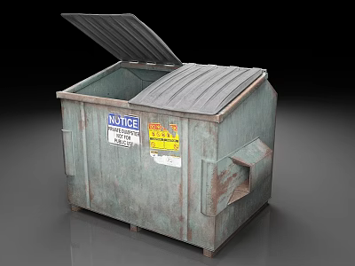 Rusty Metal Trash Bin With Open Lid And Notice Warning Labels 3d model