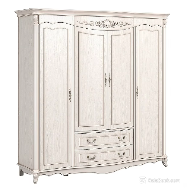 Classic White Wardrobe With Carved Details Four Doors And Bottom Drawers 3d model 
