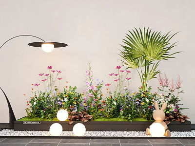 Indoor Landscape With Colorful Flowers Palm Plant Floor Lamp Round Light Balls And Decorative Rabbit 3d model