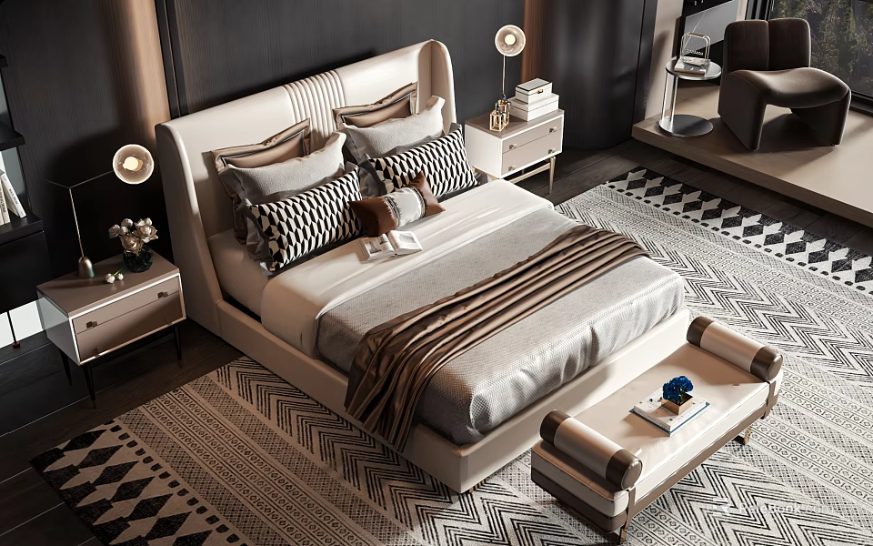 Modern Double Bed With Upholstered Headboard Patterned Pillows Blanket Nightstands Lamps Geometric Rug And Bench 3d model 