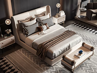 Modern Double Bed With Upholstered Headboard Patterned Pillows Blanket Nightstands Lamps Geometric Rug And Bench 3d model