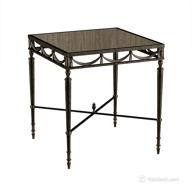 Ornate Square Side Table with Wooden Top and Decorative Metal Frame Cross Base 3d model 