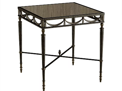 Ornate Square Side Table with Wooden Top and Decorative Metal Frame Cross Base 3d model
