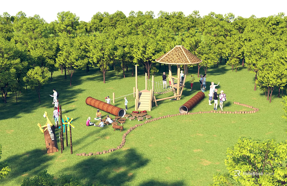 Outdoor Children's Play Park With Wooden Pavilion Slide Tunnels Green Trees And Kids Playing 3d model 
