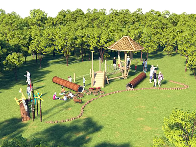 Outdoor Children's Play Park With Wooden Pavilion Slide Tunnels Green Trees And Kids Playing 3d model