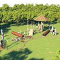 Outdoor Children's Play Park With Wooden Pavilion Slide Tunnels Green Trees And Kids Playing