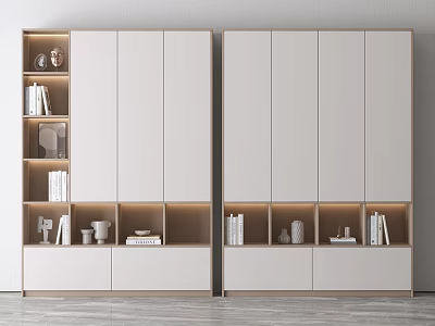 White Bookcases With Wooden Frame Drawers Open Shelves Books Decorations And Sculptures 3d model