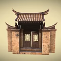 Traditional Chinese Entrance Gate With Classic Roof Tiles And Stone Walls Lattice Windows