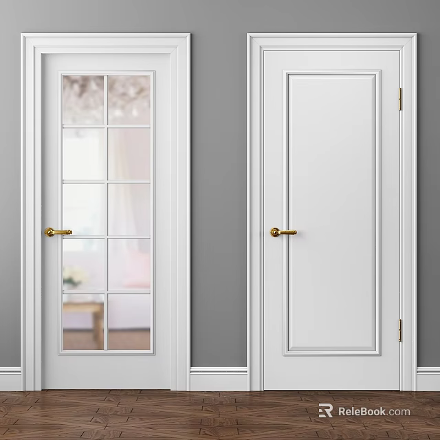 Modern White Interior Swing Doors With Glass Panels And Golden Handles 3d model 