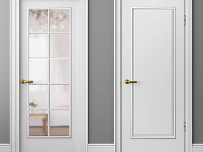 Modern White Interior Swing Doors With Glass Panels And Golden Handles 3d model