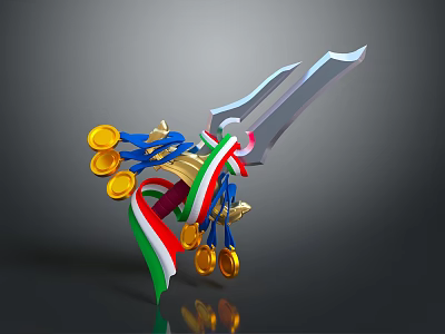 Decorative Sword With Gold Medals And Colored Ribbons On Dark Background 3d model