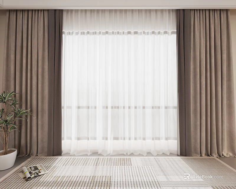 Brown And White Curtains For Window With Sheer Fabric Indoor Interior With Potted Plant 3d model 