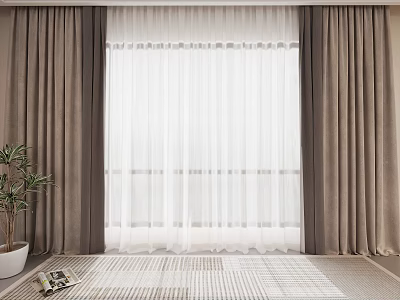 Brown And White Curtains For Window With Sheer Fabric Indoor Interior With Potted Plant 3d model