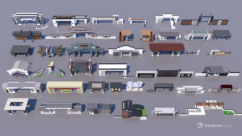 Diverse Modern Entrance Gate Designs Featuring Different Architectural Styles and Materials 3d model