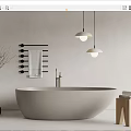 Modern Bathroom Interior With Freestanding Bathtub Pendant Lights Towel Rack And Wooden Stool