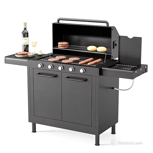 Black Outdoor Barbecue Grill With Grilling Burgers Sausages Buns And Wine Glass 3d model 
