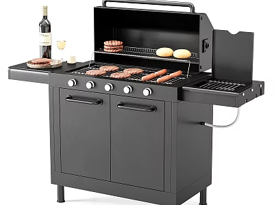 Black Outdoor Barbecue Grill With Grilling Burgers Sausages Buns And Wine Glass 3d model