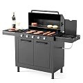Black Outdoor Barbecue Grill With Grilling Burgers Sausages Buns And Wine Glass