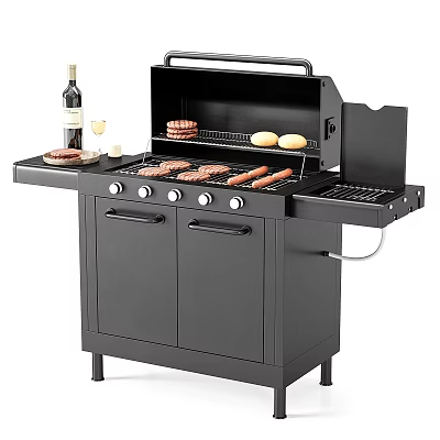 Black Outdoor Barbecue Grill With Grilling Burgers Sausages Buns And Wine Glass 3d model