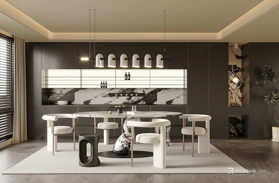 Modern Luxury Restaurant Interior Featuring Round Dining Table White Chairs Marble Countertop And Pendant Lights 3d model 