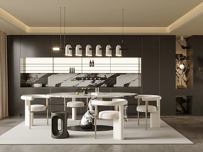 Modern Luxury Restaurant Interior Featuring Round Dining Table White Chairs Marble Countertop And Pendant Lights 3d model