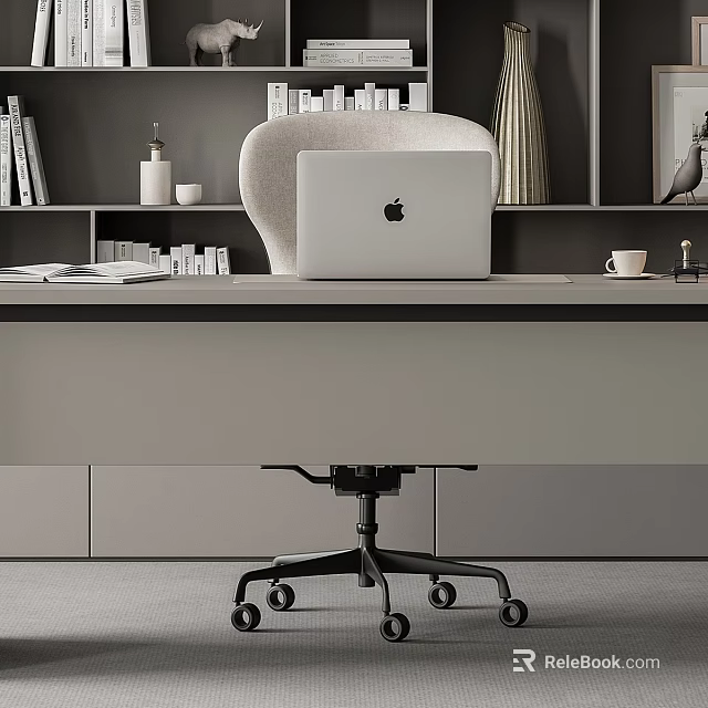 Modern Minimalist Office Setup With Desk Apple Laptop Bookshelf Books And Office Chair 3d model 