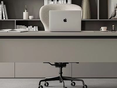 Modern Minimalist Office Setup With Desk Apple Laptop Bookshelf Books And Office Chair 3d model