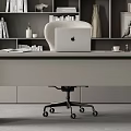 Modern Minimalist Office Setup With Desk Apple Laptop Bookshelf Books And Office Chair