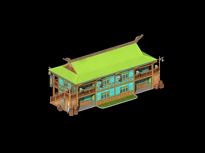 Traditional Architectural 3D Model With Green Roof Blue Walls And Wooden Oriental Style Design 3d model