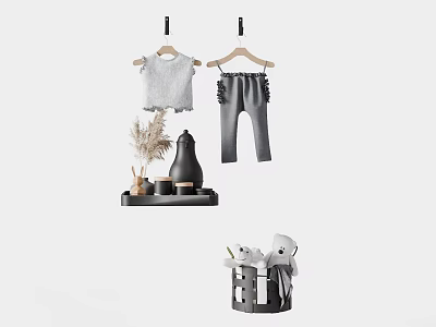 Gray Baby Clothes Hanging T-shirt And Ruffled Pants With Decorative Shelf And Stuffed Toy Basket 3d model