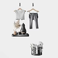Gray Baby Clothes Hanging T-shirt And Ruffled Pants With Decorative Shelf And Stuffed Toy Basket