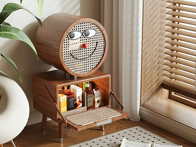 Wooden Storage Cabinet With Smiley Face Rattan Panel And Open Drawer With Beverages By Window 3d model