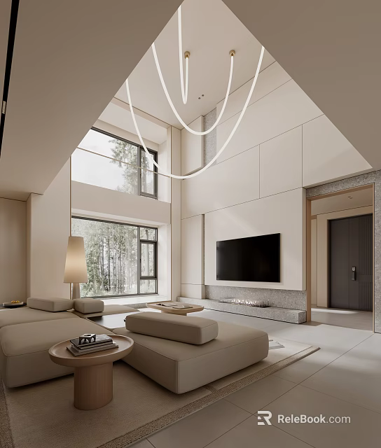 Spacious Duplex Living Room With High Ceiling And Large Windows 3d model 