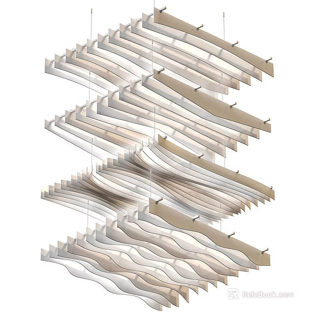 Modern Sculptural Layered Wave Shaped Chandelier With White And Beige Metal Strips Design 3d model 