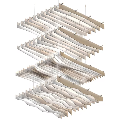 Modern Sculptural Layered Wave Shaped Chandelier With White And Beige Metal Strips Design 3d model
